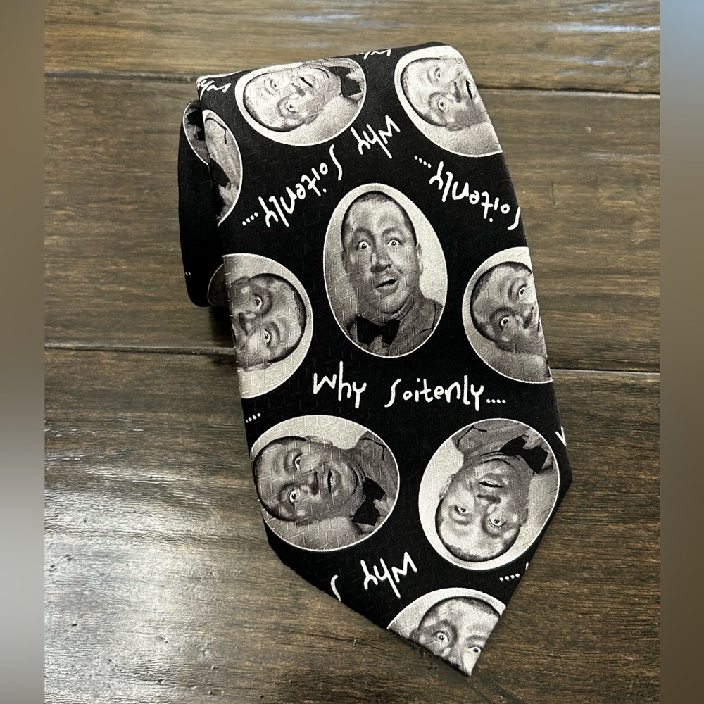 Vtg The Three Stooges Novelty Necktie Mens Moe Howard Why Soitenly Black White